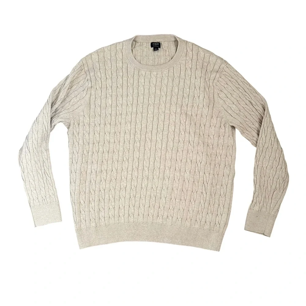 J. Crew Mens Large Beige Cotton Cable Knit Crewneck Sweater Preppy Fisherman